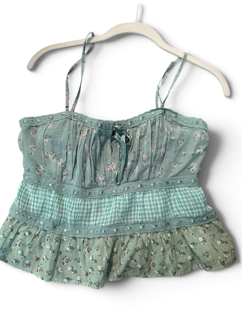 American Eagle Outfitters Seafoam Green Floral Tiered Spaghetti-Strap Camisole